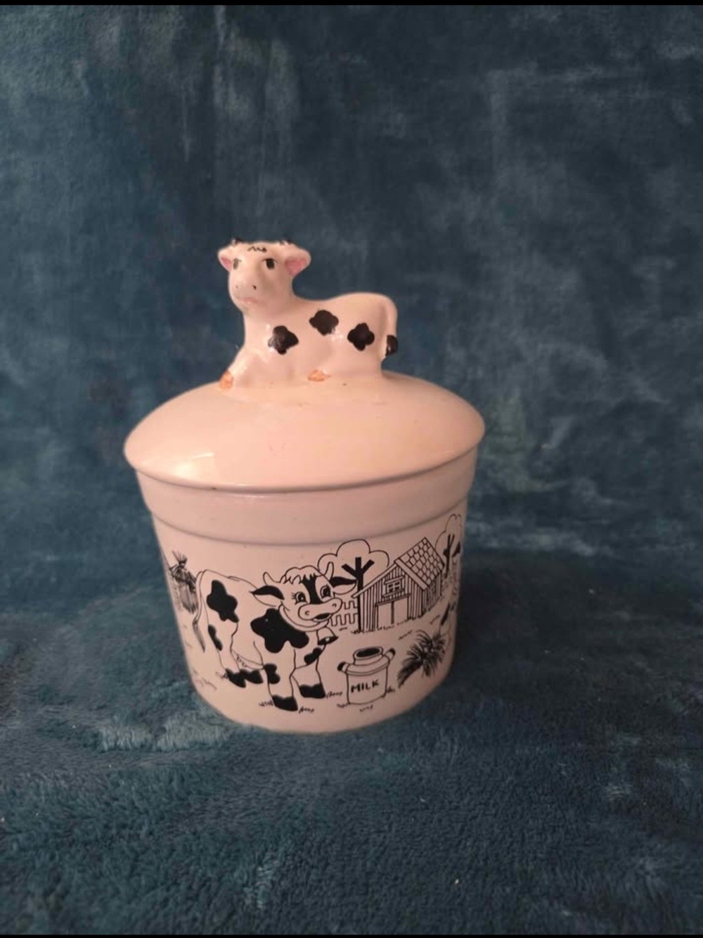 Vintage Cow Ceramic Canister - White with Black Cow Motif